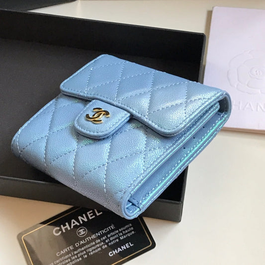 CHANEL FLAP CARD HOLDER 11.5 SKY GRAINED CALFSKIN GOLD ICON