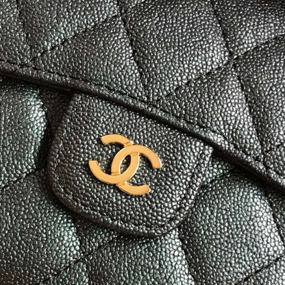CHANEL FLAP CARD HOLDER 11.5 BLACK GRAINED CALFSKIN GOLD ICON
