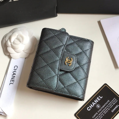 CHANEL FLAP CARD HOLDER 11.5 BLACK GRAINED CALFSKIN WITH GOLD ICON