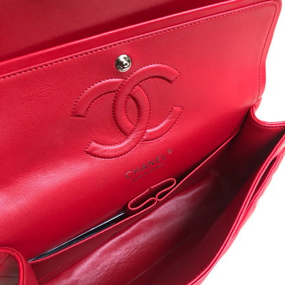 CHANEL FLAP BAG MEDIUM 25CM RED LAMBSKIN SILVER HARDWARE