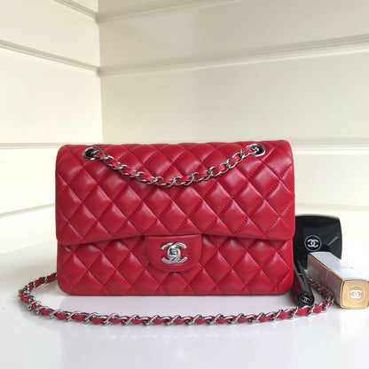 CHANEL FLAP BAG MEDIUM 25CM RED LAMBSKIN SILVER HARDWARE