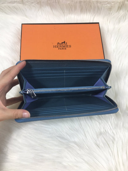 HERMES SILK'IN CLASSIC WALLET 20 CERULEAN GRAINED CALFSKIN
