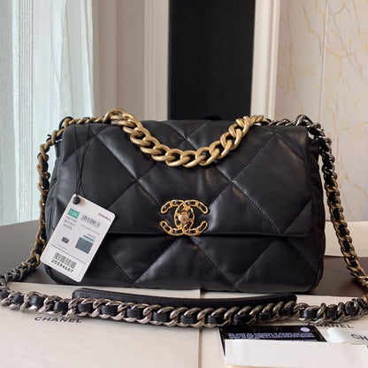 CHANEL 19 FLAP BAG 30 BLACK GOATSKIN GOLD HARDWARE
