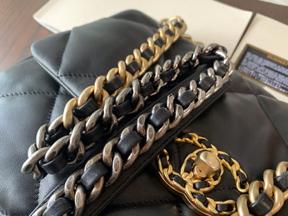 CHANEL 19 FLAP BAG 30 BLACK GOATSKIN GOLD HARDWARE