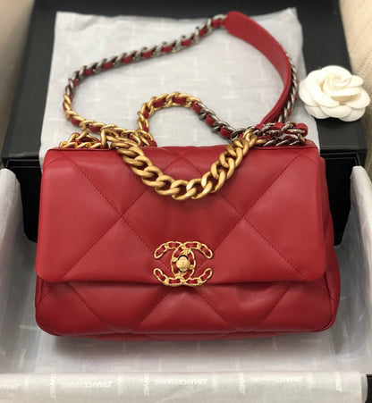 CHANEL 19 FLAP BAG 26 RED LAMBSKIN GOLD HARDWARE