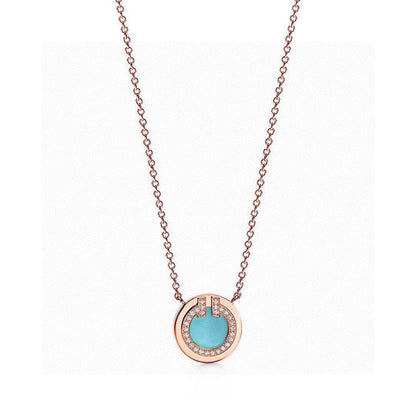 18K Tiffany Diamond & Turquoise Circle Pendant Necklace