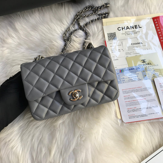 CHANEL MINI 20 BAG IN SHADOW GREY CALFSKIN GOLD HARDWARE