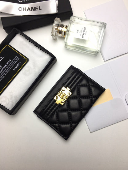 CHANEL BOY CARD HOLDER 11.2 BLACK CALFSKIN GOLD ICON