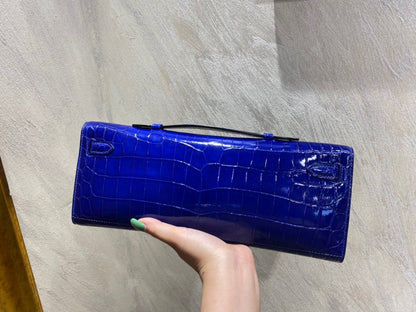 HERMES KELLY CUT 31 IN ADMIRAL BLUE SHINNY ALLIGATOR LEATHER WITH SILVER HARDWARE