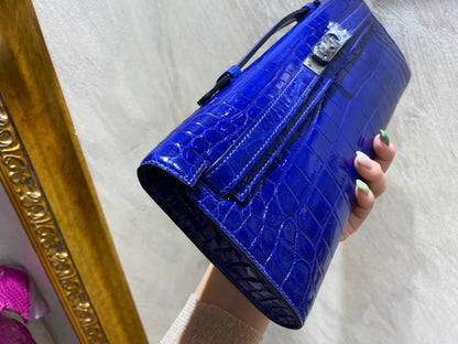 HERMES KELLY CUT 31 IN ADMIRAL BLUE SHINNY ALLIGATOR LEATHER WITH SILVER HARDWARE