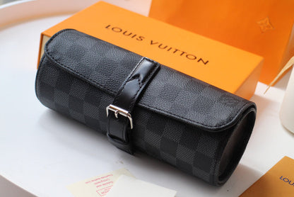 LOUIS VUITTON LV 25S ASTUCCIO PER 3 OROLOGI 20 IN BLACK DAMIER GRAPHITE CALFSKIN