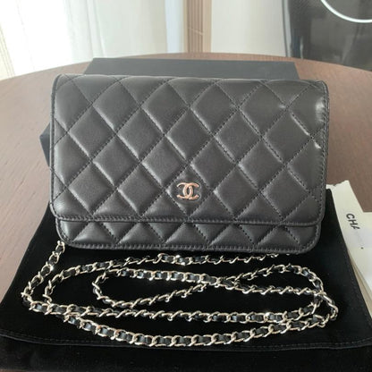 CHANEL MINI 19 CLASSIC WALLET WITH STRAP IN BLACK LAMBSKIN WITH SILVER HARDWARE