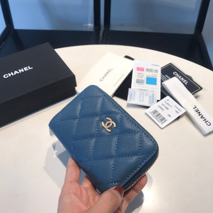 CHANEL ZIPPED COIN BASIC PURSE 11 AEGEAN CALFSKIN GOLD ICON