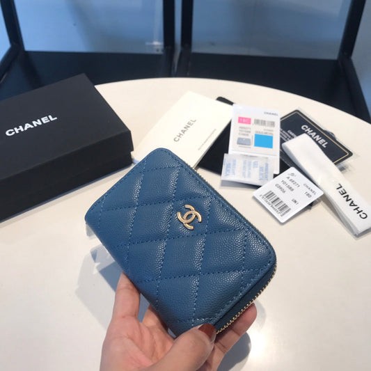 CHANEL ZIPPED COIN BASIC PURSE 11 AEGEAN CALFSKIN GOLD ICON
