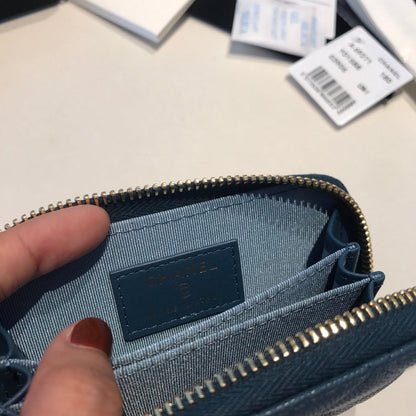 CHANEL ZIPPED COIN BASIC PURSE 11 AEGEAN CALFSKIN GOLD ICON
