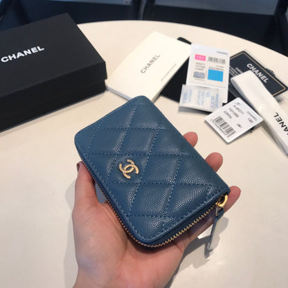 CHANEL ZIPPED COIN BASIC PURSE 11 AEGEAN CALFSKIN GOLD ICON
