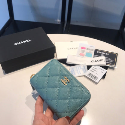 CHANEL ZIPPED CAVIAR PURSE 11 TEAL CALFSKIN GOLD ICON