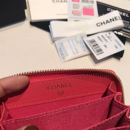 CHANEL ZIPPED CAVIAR PURSE 11 RED PINK CALFSKIN GOLD ICON