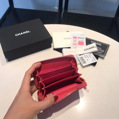 CHANEL ZIPPED CAVIAR PURSE 11 RED PINK CALFSKIN GOLD ICON