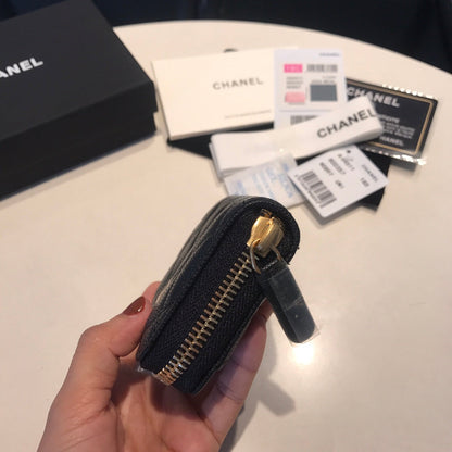 CHANEL ZIPPED CAVIAR PURSE 11 BLACK CALFSKIN GOLD ICON