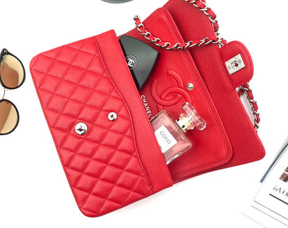 CHANEL FLAP BAG MEDIUM 25CM RED CAVIAR SILVER HARDWARE