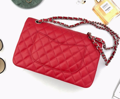 CHANEL FLAP BAG MEDIUM 25CM RED CAVIAR SILVER HARDWARE