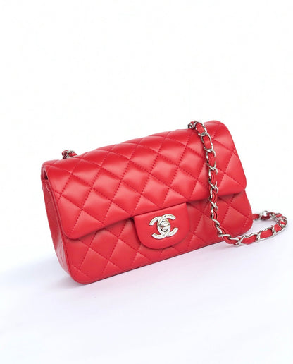 CHANEL MINI RECTANGLE FLAP BAG 20CM RED LAMBSKIN SILVER HARDWARE
