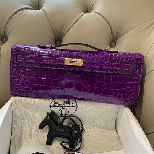 HERMES KELLY CUT 31 IN VIOLET PURPLE ALLIGATOR LEATHER WITH GOLD HARDWARE