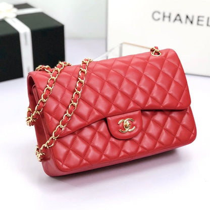 CHANEL FLAP BAG JUMBO 30CM RED LAMBSKIN GOLD HARDWARE
