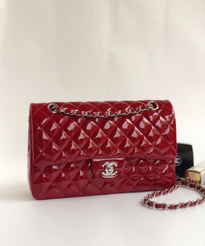 CHANEL FLAP BAG MEDIUM 25CM RED PATENT CALFSKIN SILVER HARDWARE