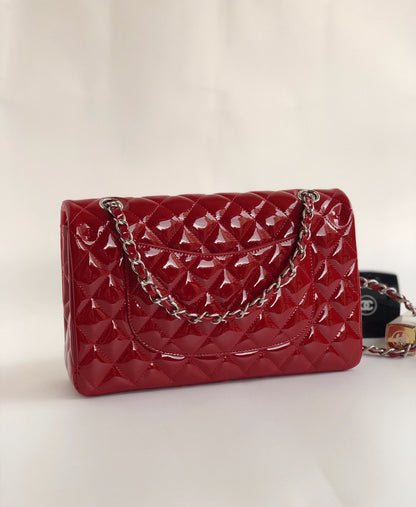 CHANEL FLAP BAG MEDIUM 25CM RED PATENT CALFSKIN SILVER HARDWARE