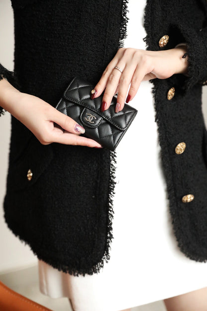 CHANEL FLAP CARD HOLDER 11.3 BLACK CALFSKIN SILVER ICON