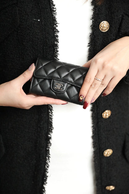 CHANEL FLAP CARD HOLDER 11.3 BLACK CALFSKIN SILVER ICON