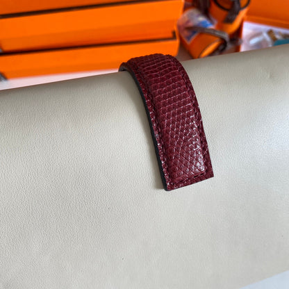 HERMES JIGE ELAN 29 CLUTCH IN WHITE CALFSKIN WITH GARNET RED LIZARD SKIN