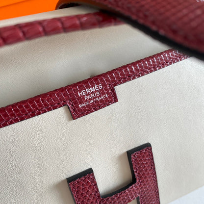 HERMES JIGE ELAN 29 CLUTCH IN WHITE CALFSKIN WITH GARNET RED LIZARD SKIN