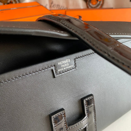 HERMES JIGE ELAN 29 CLUTCH IN BLACK CALFSKIN WITH LIZARD SKIN