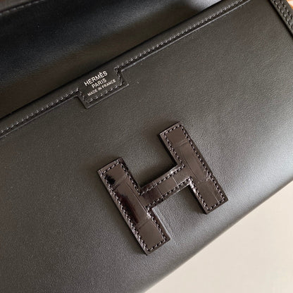 HERMES JIGE ELAN 29 CLUTCH IN BLACK CALFSKIN WITH LIZARD SKIN