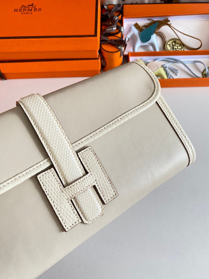 HERMES JIGE ELAN 29 CLUTCH IN BISQUE BEIGE CALFSKIN WITH LIZARD SKIN