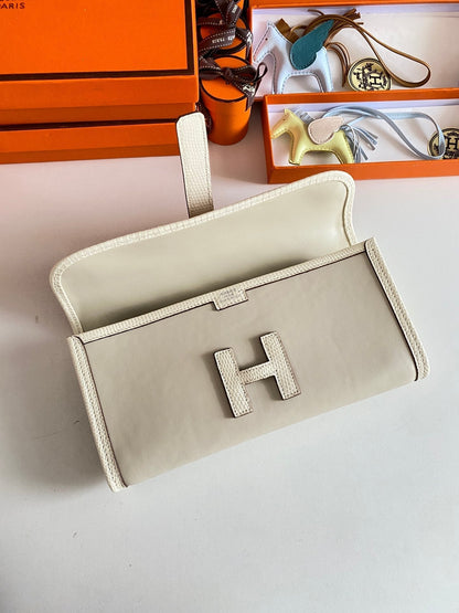 HERMES JIGE ELAN 29 CLUTCH IN BISQUE BEIGE CALFSKIN WITH LIZARD SKIN