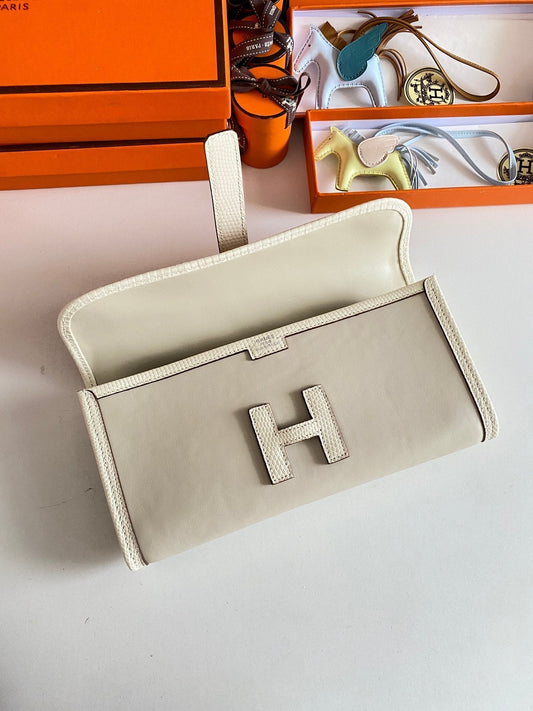 HERMES JIGE ELAN 29 CLUTCH IN BISQUE BEIGE CALFSKIN WITH LIZARD SKIN
