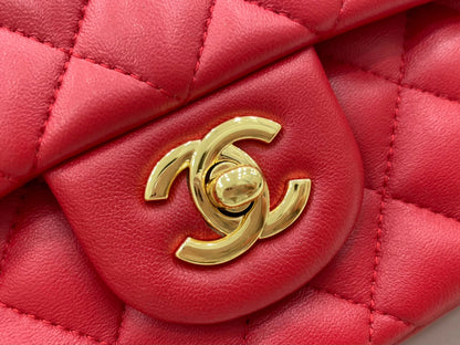 CHANEL 25 CLASSIC SMALL DOUBLE FLAP BAG IN CHERRY RED CALFSKIN WITH STRAP