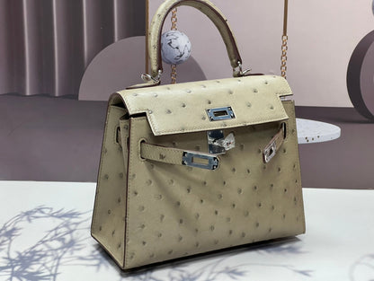 HERMES KELLY BAG 20 IN KHAKI TAN OSTRICH LEATHER WITH SILVER HARDWARE