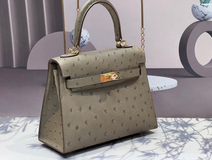 HERMES KELLY BAG 20 IN KHAKI BEIGE OSTRICH LEATHER WITH GOLD HARDWARE