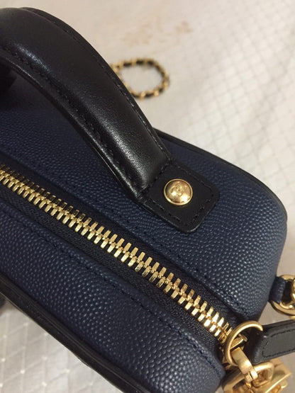 CHANEL MINI 17 VANITY CASE IN AEGEAN BLUE MIX BLACK CALFSKIN GOLD HARDWARE
