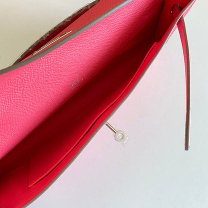 HERMES KELLY CUT 31 IN WATERMELON PINK CALFSKIN WITH SILVER HARDWARE