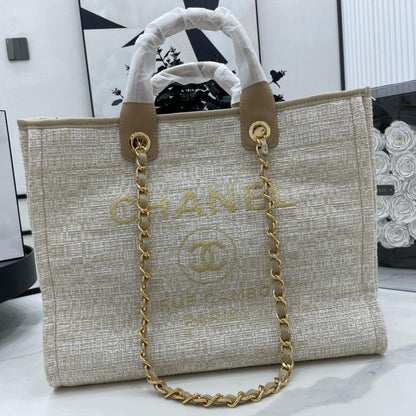 CHANEL DEAUVILLE LARGE 38 TOTE BAG IN BEIGE CANVAS GOLD HARDWARE
