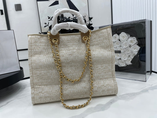CHANEL DEAUVILLE LARGE 38 TOTE BAG IN BEIGE CANVAS GOLD HARDWARE