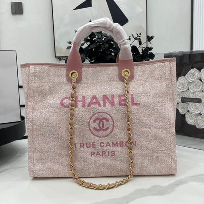 CHANEL DEAUVILLE LARGE 38 TOTE BAG IN LIGHT PINK CANVAS GOLD HARDWARE