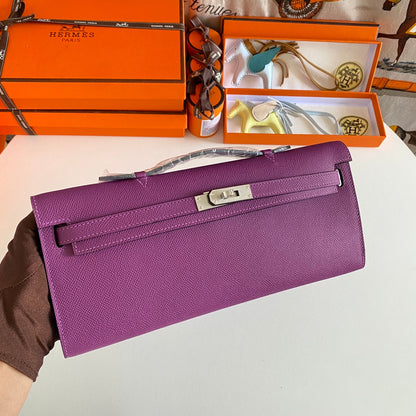 HERMES KELLY CUT 31 IN VIOLET PURPLE CALFSKIN WITH SILVER HARDWARE