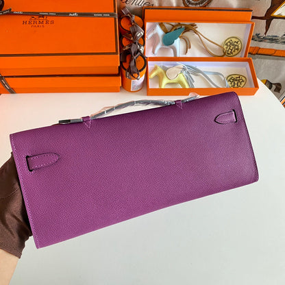 HERMES KELLY CUT 31 IN VIOLET PURPLE CALFSKIN WITH SILVER HARDWARE
